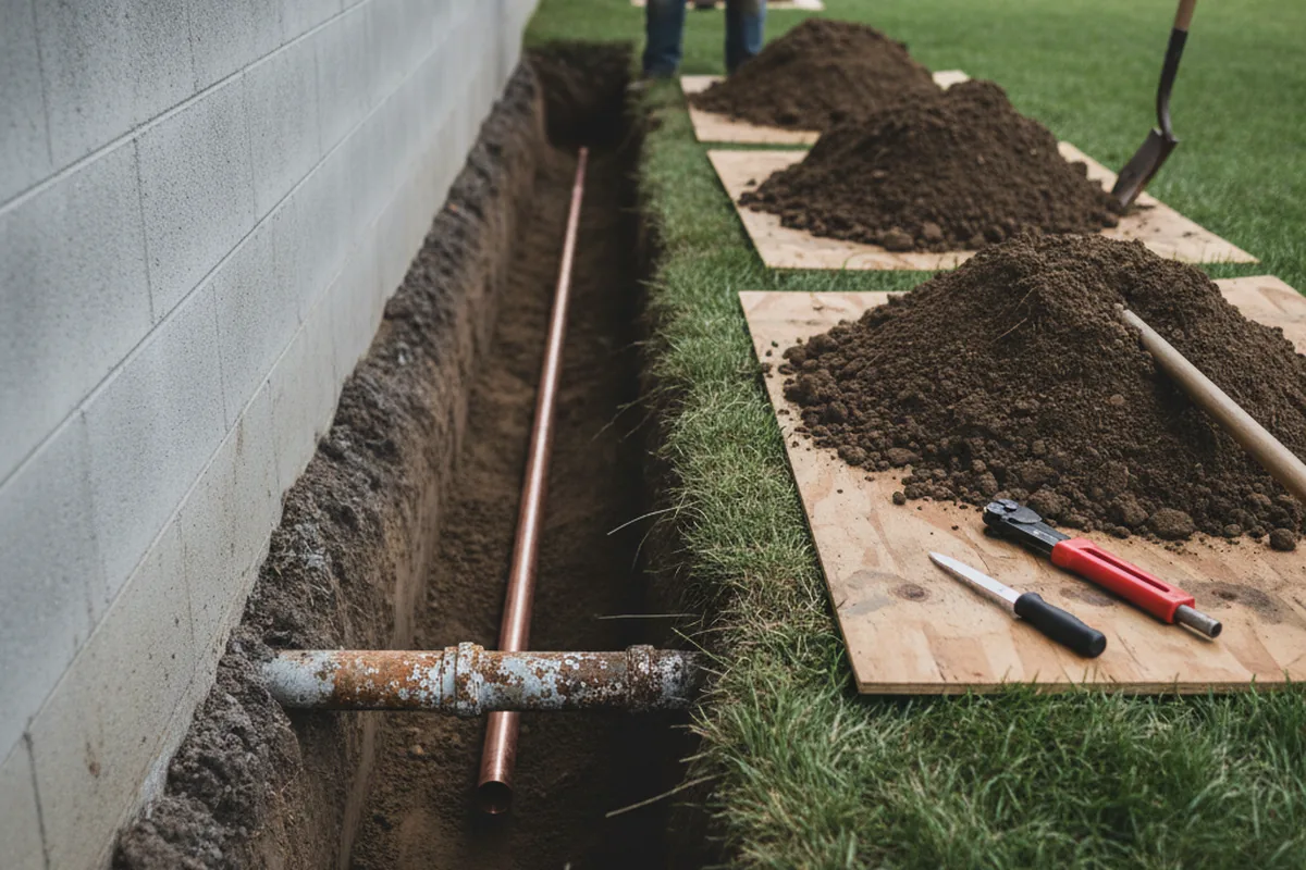 Excavated water line trench during Water Heater Repair in Paullina
